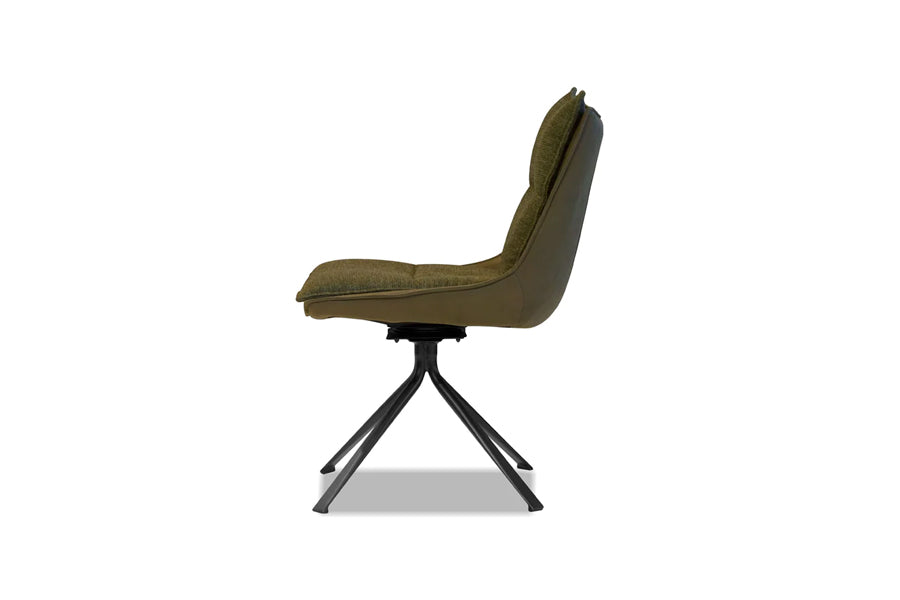 Puccini Swivel Dining Chair by Mobital, showing side view of puccini swivel dining chair in evergreen fabric/black powder coated legs.