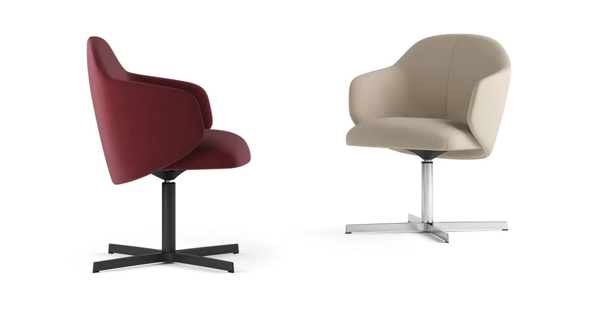 Quinta 4-Star Swivel Armchair by Kollektiff, showing different angle view of quinta 4-star swivel armchairs in black painted aluminum & polished aluminum.