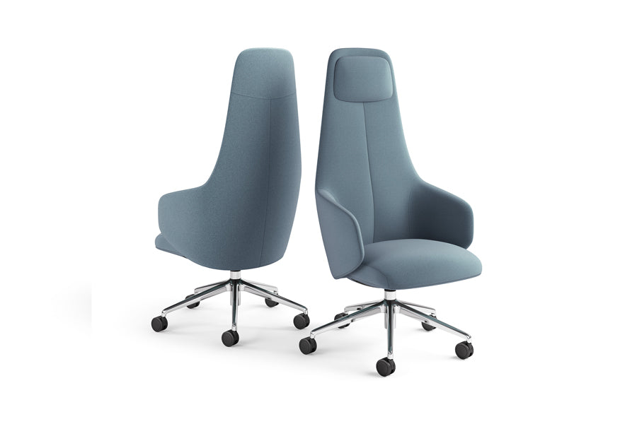 Quinta Swivel Office Armchair by Kollektiff, showing different angle view of quinta swivel office armchairs in polished aluminum/upholstery.