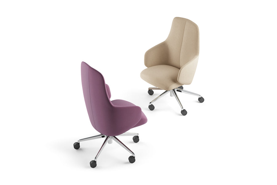 Quinta Swivel Office Armchair by Kollektiff, showing different angle view of quinta swivel office armchairs in polished aluminum/different upholstery.