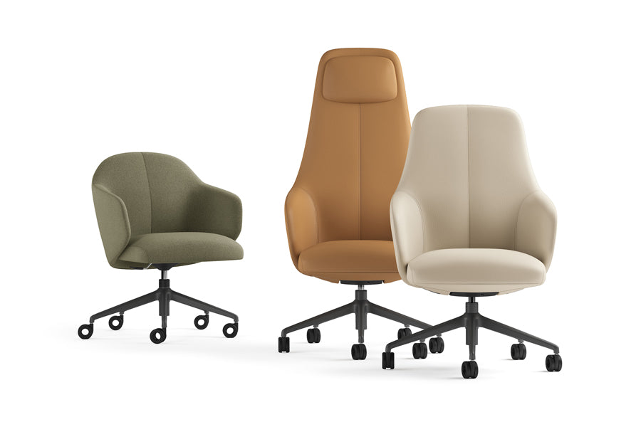 Quinta Swivel Office Armchair by Kollektiff, showing different angle view of quinta swivel office armchairs in black painted aluminum/different upholstery.