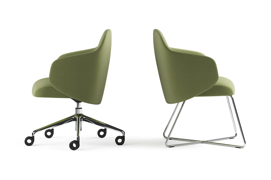 Quinta Swivel Office Armchair by Kollektiff, showing side view of quinta swivel office armchair in polished aluminum/upholstery.