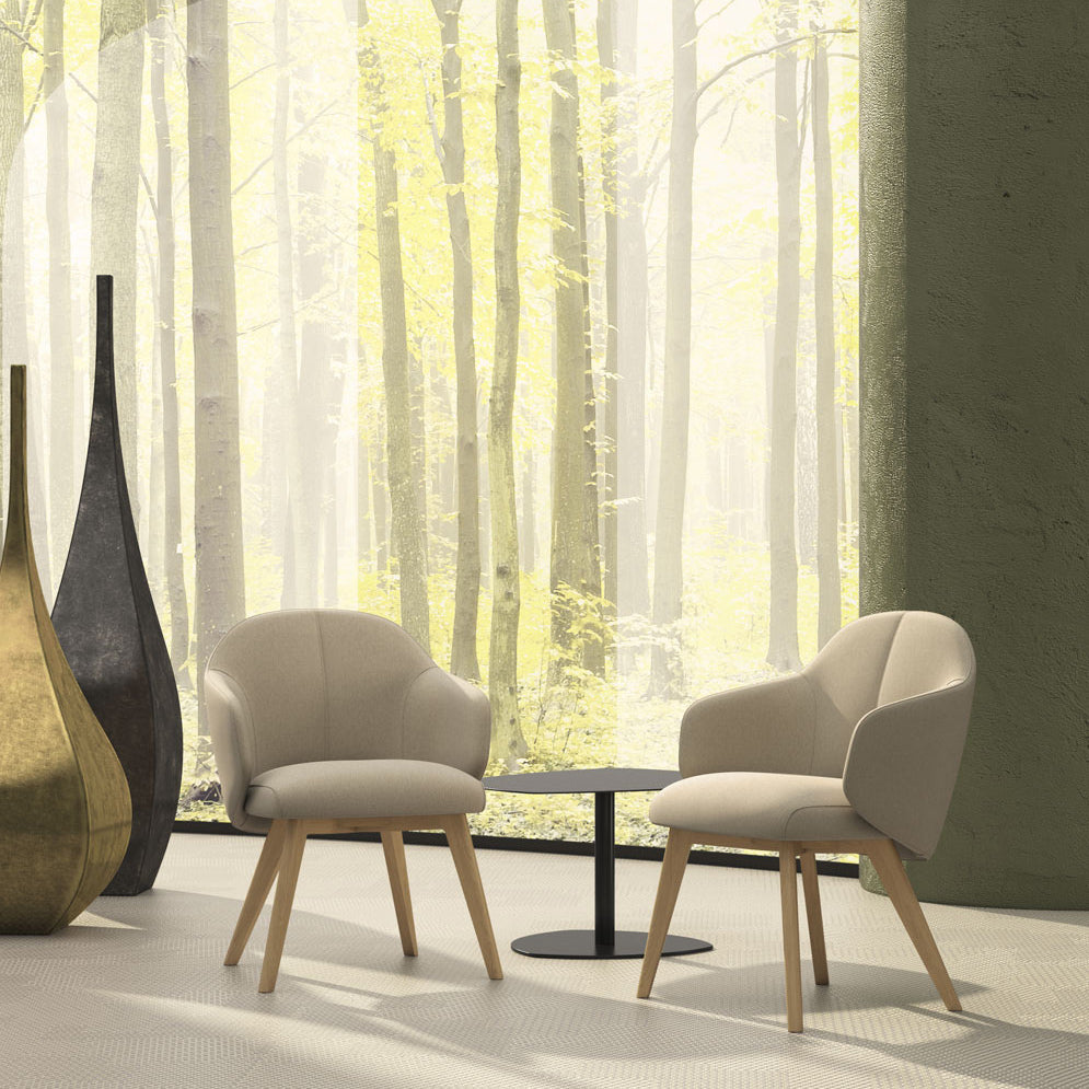 Quinta Wood Armchair by Kollektiff, showing quinta wood armchairs in live shot.