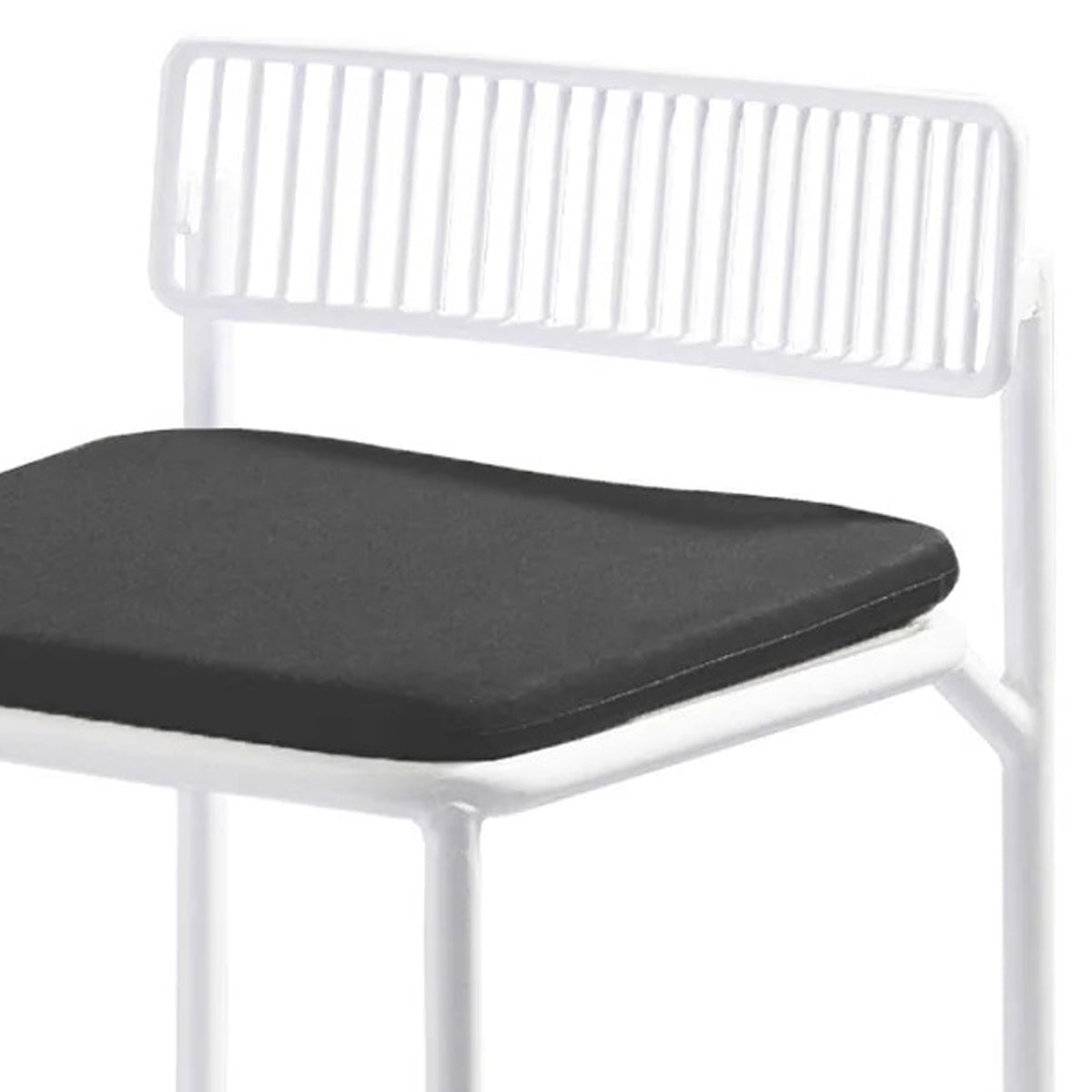Rachel Counter Stool by Bend, showing closeup view of rachel counter stool in white metal/black sunbrella seat pad.