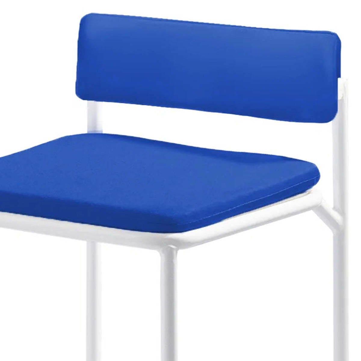 Rachel Counter Stool by Bend, showing closeup view of rachel counter stool in white metal/true blue sunbrella seat+bikini pads.