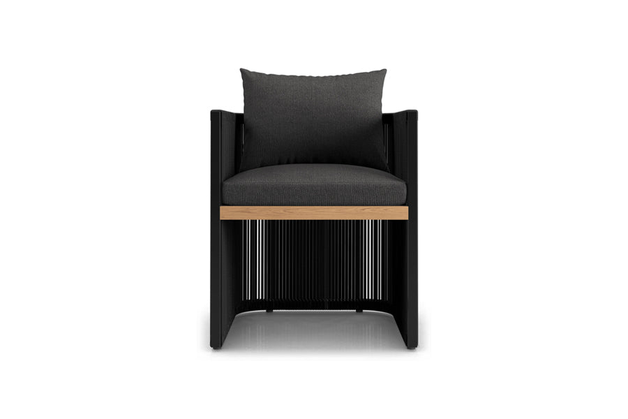 Ravelle Dining Chair by Viesso, showing front view of ravelle dining chair in peppercorn fabric.