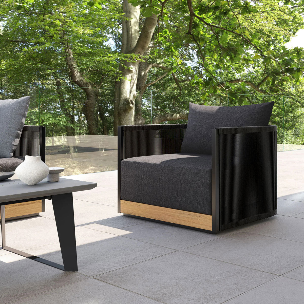 Ravelle Lounge Chair by Viesso, showing ravelle lounge chairs in live shot.