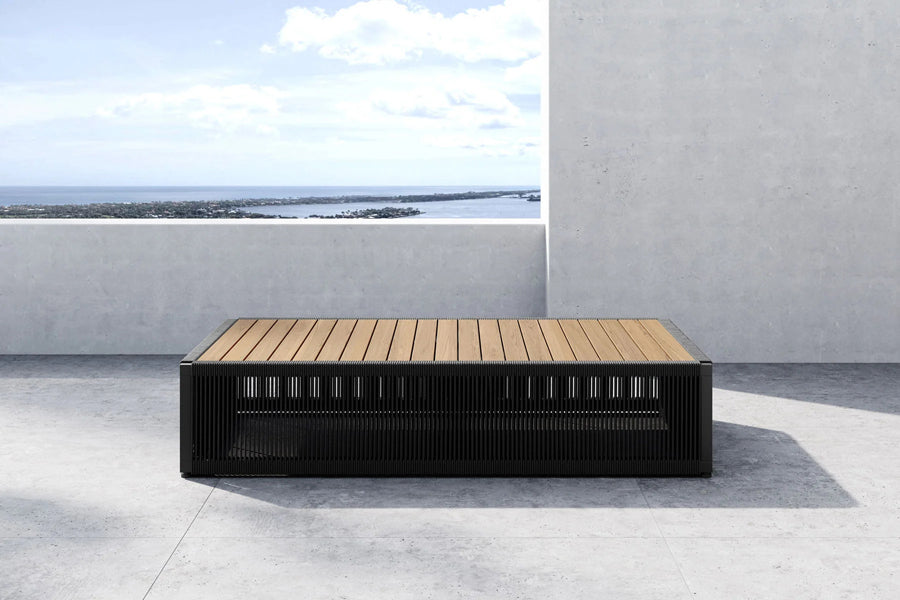 Ravelle Outdoor Coffee Table by Viesso, showing ravelle outdoor coffee table in live shot.