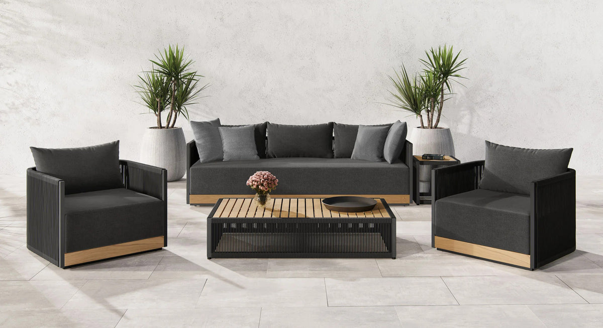 Ravelle Outdoor Coffee Table by Viesso, showing ravelle outdoor coffee table in live shot.