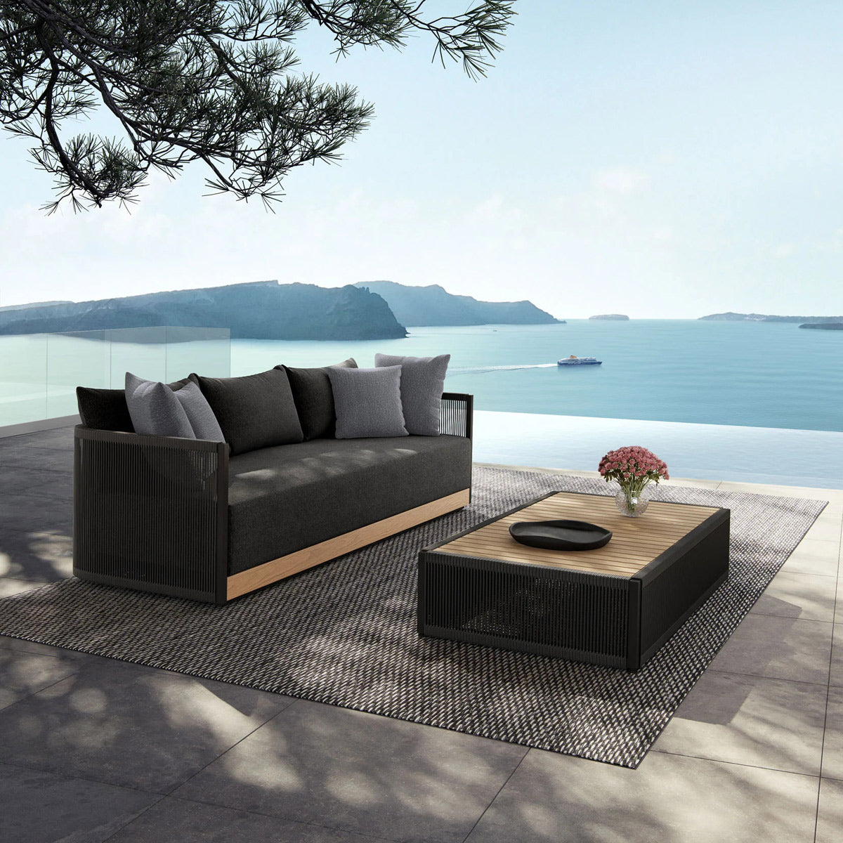 Ravelle Outdoor Coffee Table by Viesso, showing ravelle outdoor coffee table in live shot.