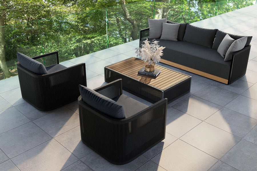 Ravelle Outdoor Coffee Table by Viesso, showing ravelle outdoor coffee table in live shot.