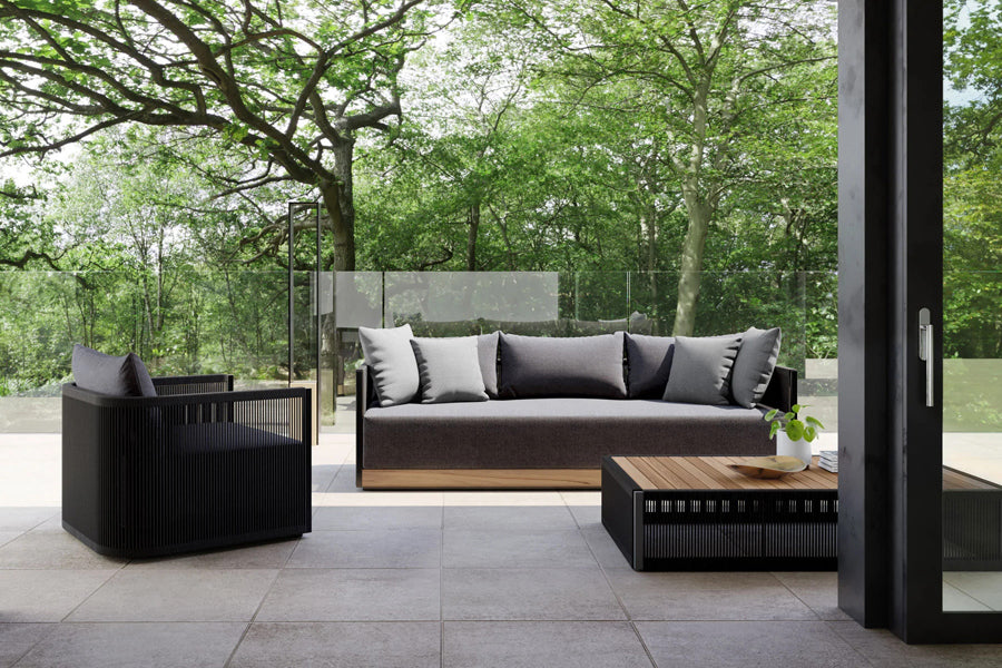 Ravelle Outdoor Coffee Table by Viesso, showing ravelle outdoor coffee table in live shot.