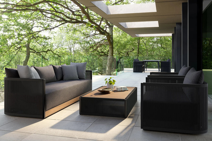 Ravelle Outdoor Coffee Table by Viesso, showing ravelle outdoor coffee table in live shot.