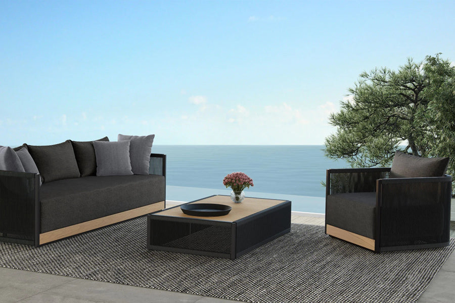 Ravelle Outdoor Coffee Table by Viesso, showing ravelle outdoor coffee table in live shot.
