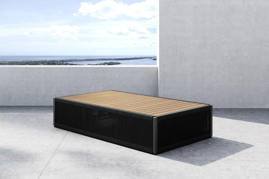 Ravelle Outdoor Coffee Table by Viesso, showing ravelle outdoor coffee table in live shot.