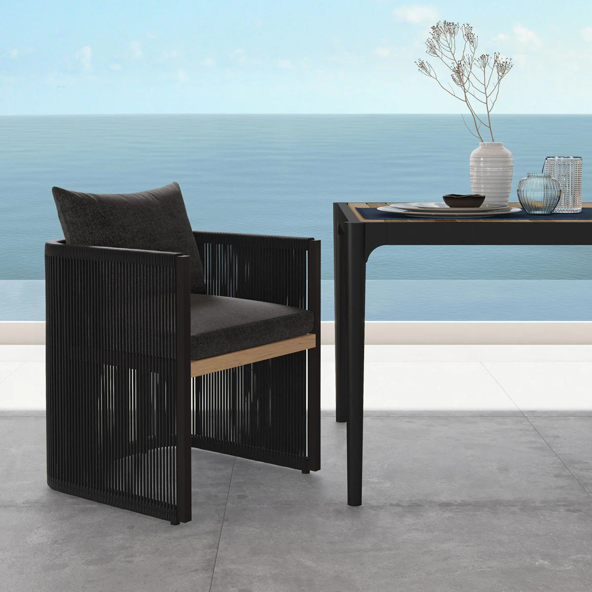 Ravelle Outdoor Dining Table by Viesso, showing closeup view of ravelle outdoor dining table in live shot.