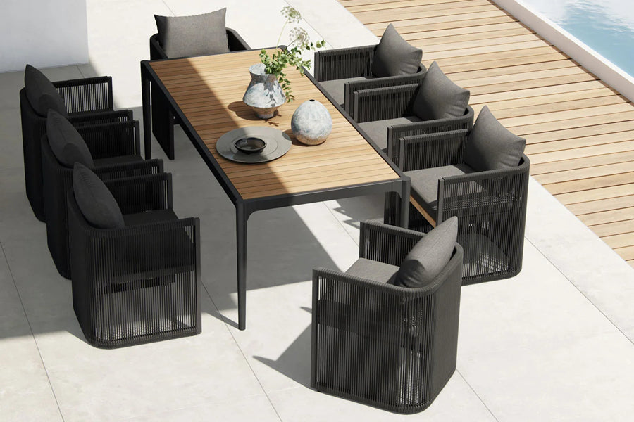 Ravelle Outdoor Dining Table by Viesso, showing ravelle outdoor dining table in live shot.
