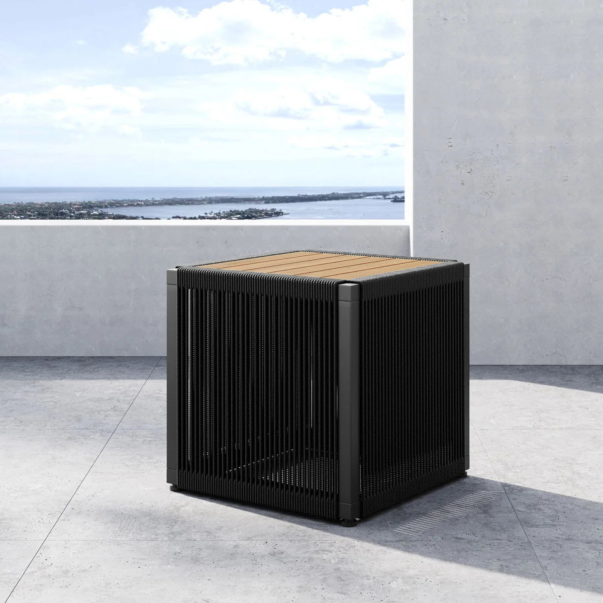 Ravelle Outdoor Side Table by Viesso, showing ravelle outdoor side table in live shot.