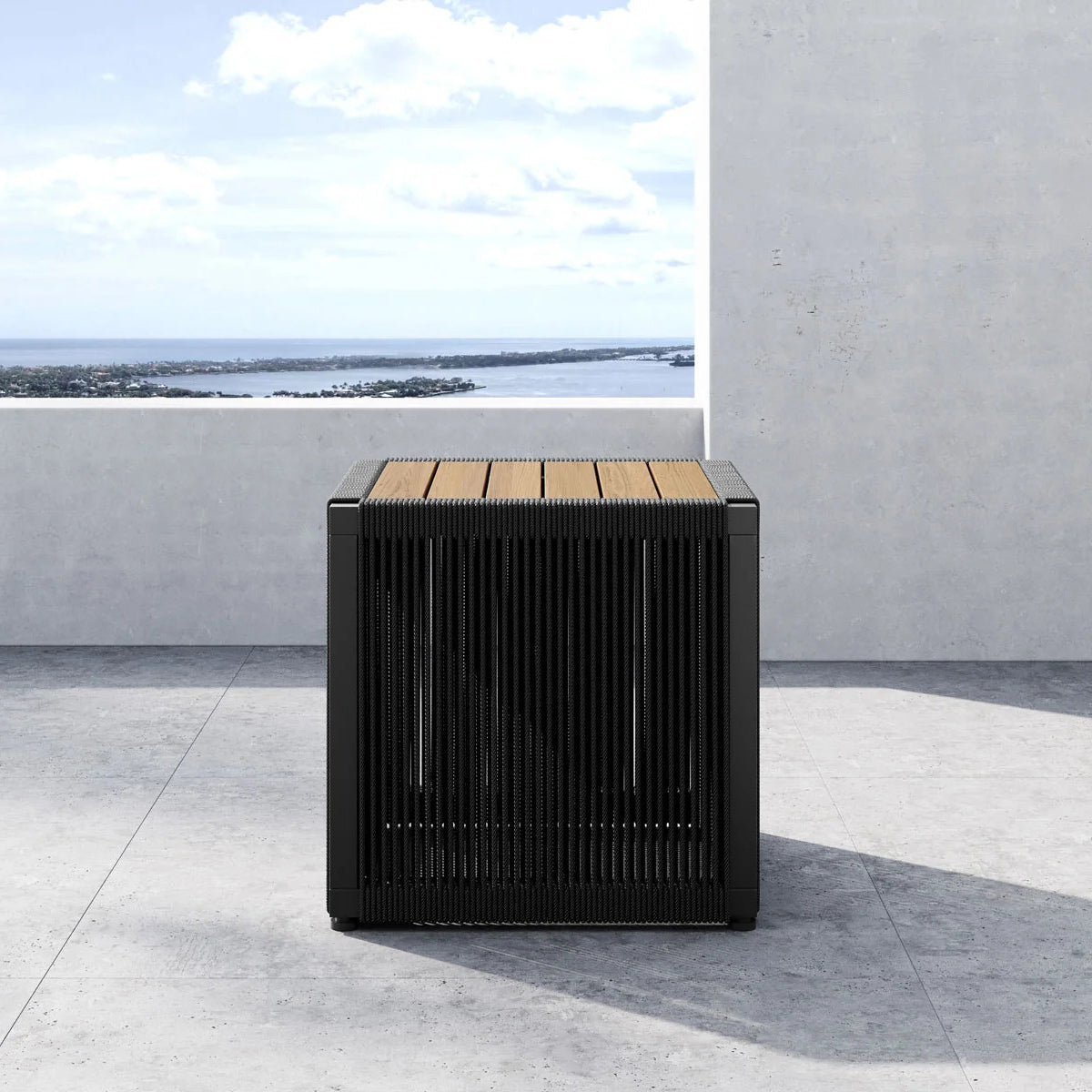 Ravelle Outdoor Side Table by Viesso, showing ravelle outdoor side table in live shot.