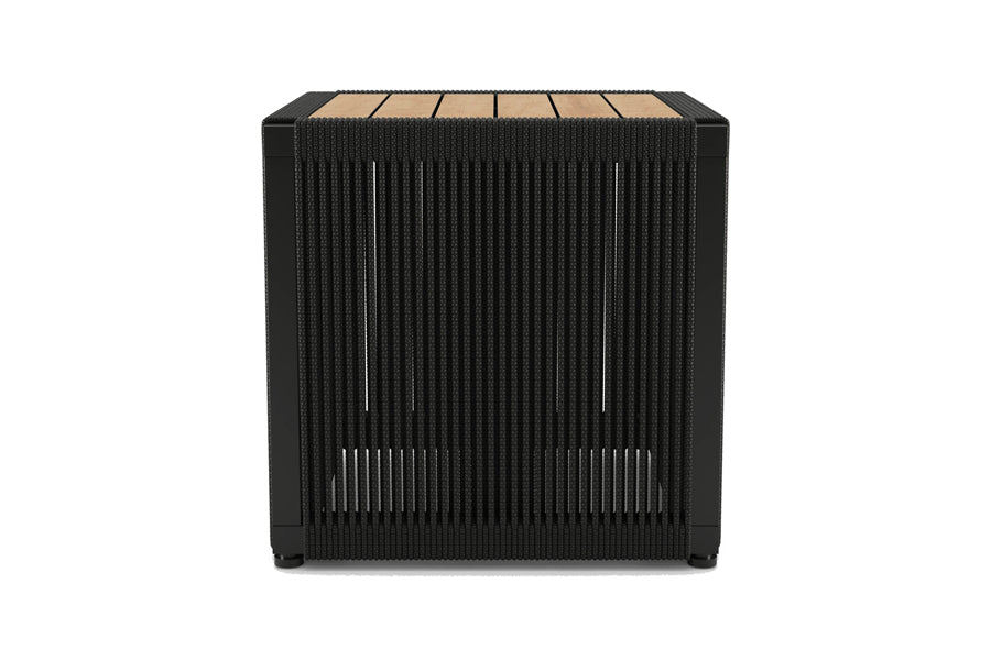Ravelle Outdoor Side Table by Viesso, showing front view of ravelle outdoor side table in teak.