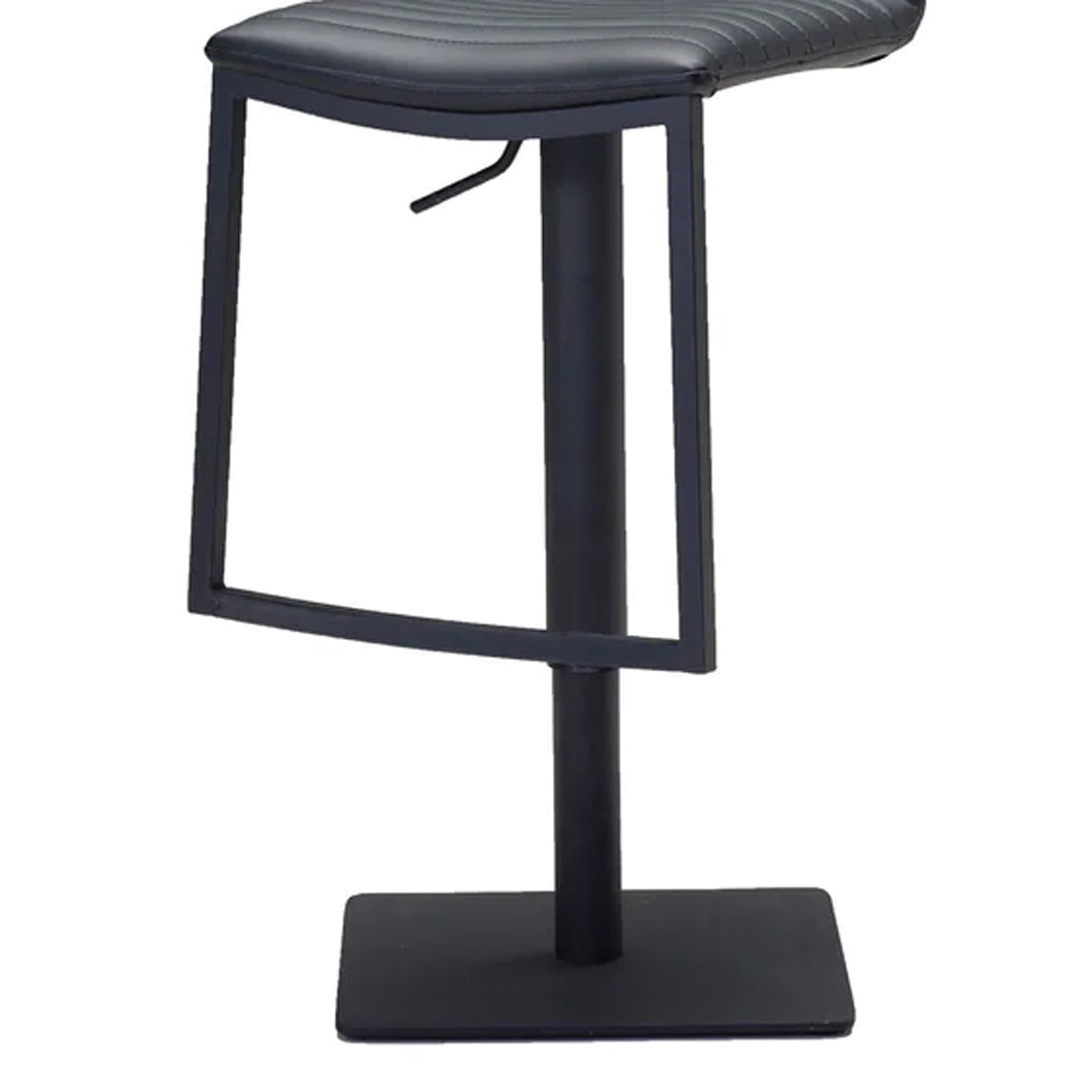 Raven Hydraulic Bar Stool by Mobital, showing closeup view of raven hydraulic bar stool in black leatherette/black powder coated metal frame.
