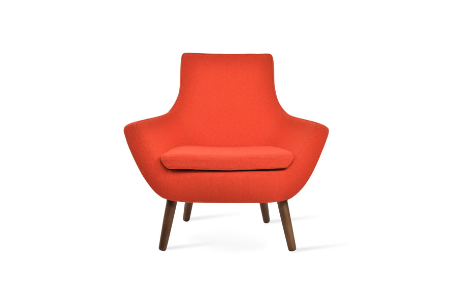 Rebecca Wood Arm Chair by SohoConcept, showing front view of rebecca wood arm chair in beech walnut wood/camira yoredale orange boucle fabric.