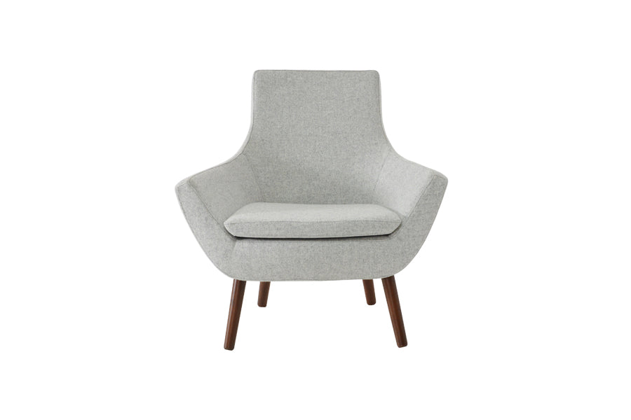 Rebecca Wood Arm Chair by SohoConcept, showing front view of rebecca wood arm chair in beech walnut wood/camira blazer silver wool.