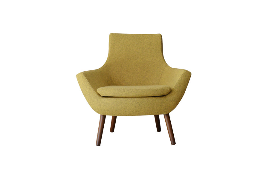 Rebecca Wood Arm Chair by SohoConcept, showing front view of rebecca wood arm chair in beech walnut wood/camira blazer amber wool.