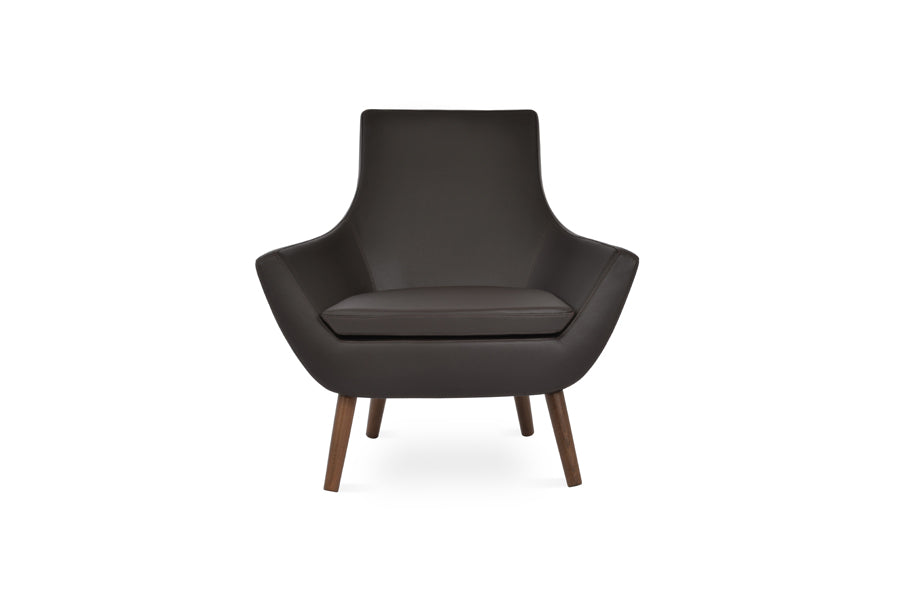 Rebecca Wood Arm Chair by SohoConcept, showing front view of rebecca wood arm chair in beech walnut wood/brown genuine leather.
