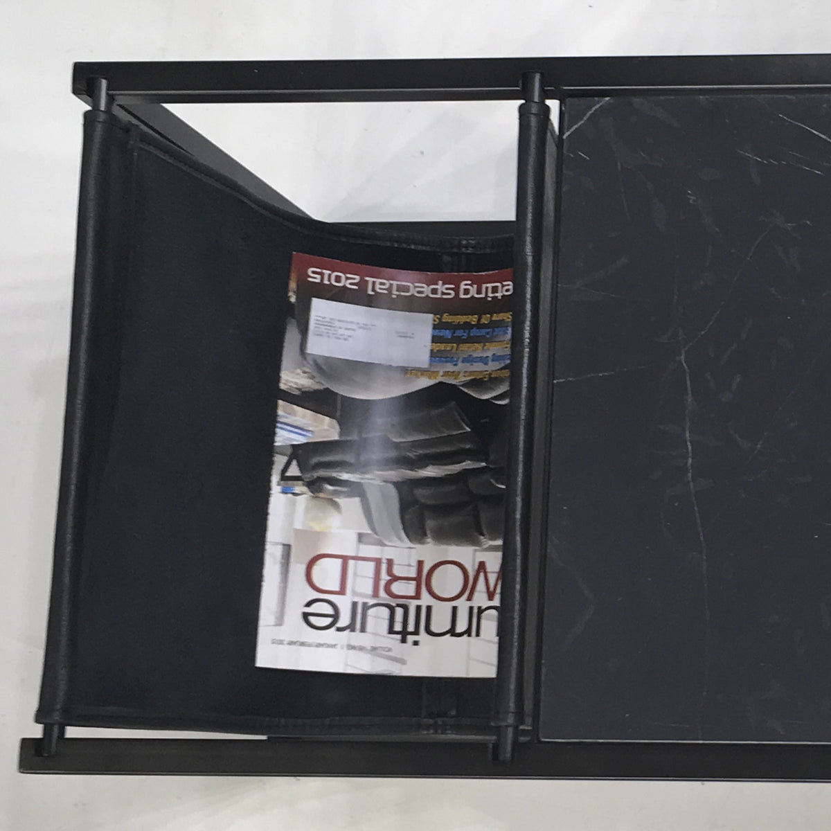 Reception Magazine Holder Coffee Table by Mobital, showing closeup view of reception magazine holder coffee table.