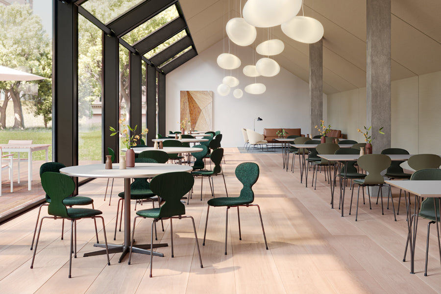 Rectangular Table by Fritz Hansen, showing rectangular tables in live shot.