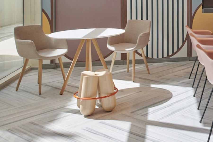 Rego Dowel Wood Armchair by B&T, showing rego dowel wood armchairs in live shot.