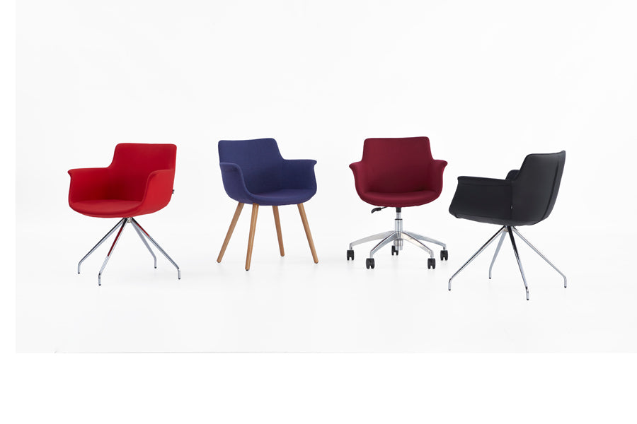 Rego Office Chair by B&T, showing front view of rego office chair in red nino fabric/aluminum base with different rego chairs.