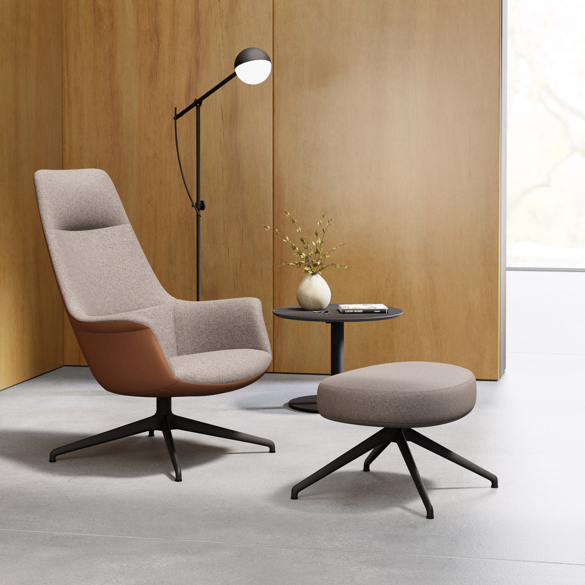 Rego Ottoman by B&T, showing rego ottoman in live shot.