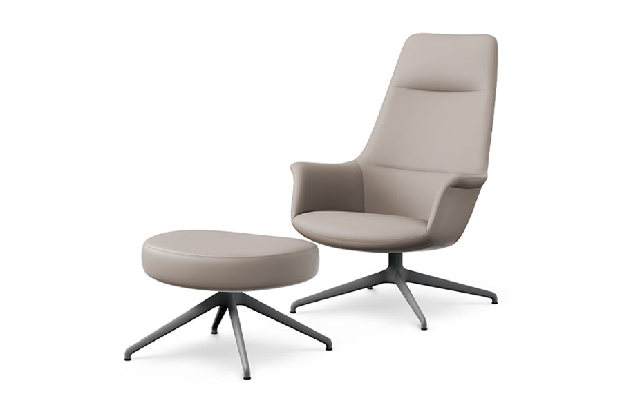 Rego Ottoman by B&T, showing angle view of rego ottoman in swivel metal/com/col group/metal group with rego high back lounge chair.