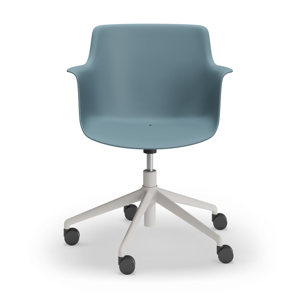 Rego Play Premium Office Chair by B&T, showing front view of rego play premium office chair in white ral 9016/polypropylene seat group.