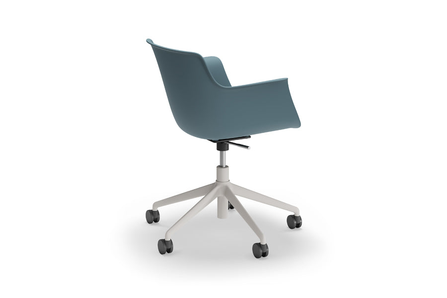 Rego Play Premium Office Chair by B&T, showing side view of rego play premium office chair in white ral 9016/polypropylene seat group.