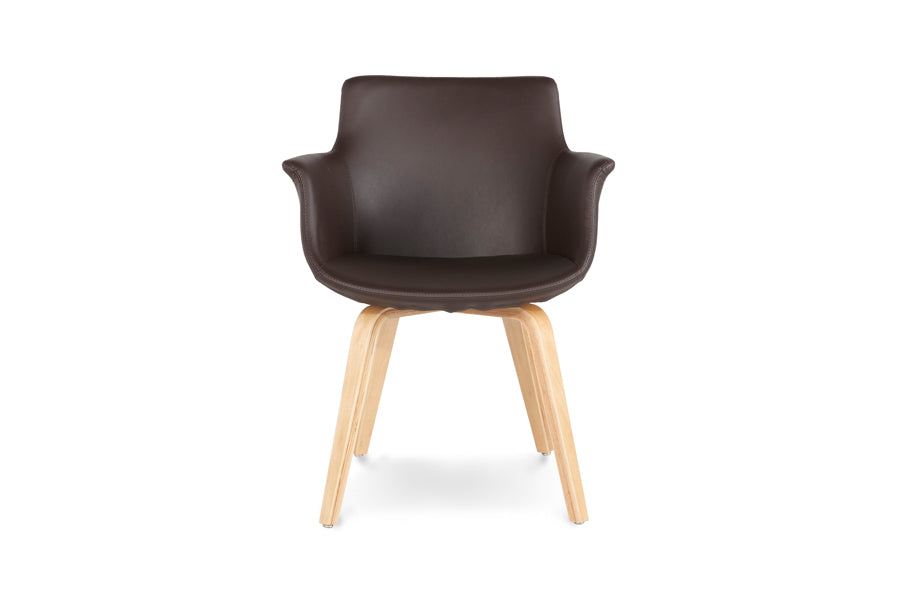 Rego Plywood Armchair by B&T, showing front view of rego plywood armchair in leather group/ashwood group.