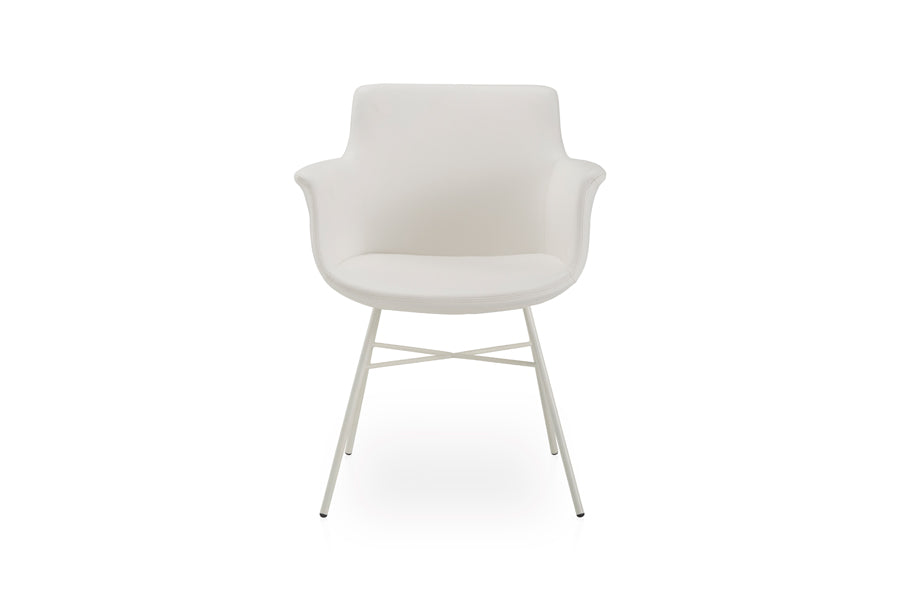 Rego X Chair by B&T, showing front view of rego x chairs in white bugatti eco-leather + white base.