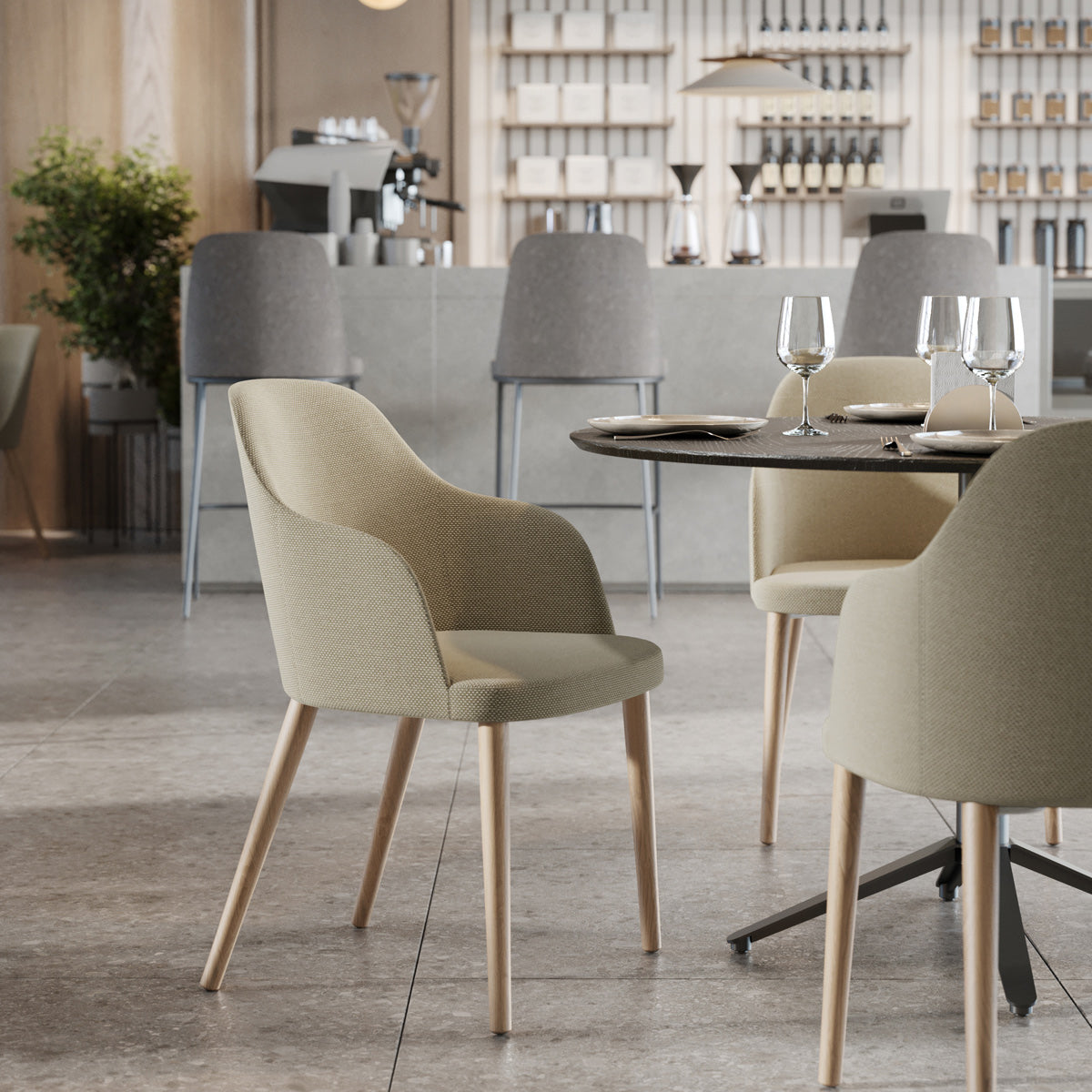 Rhone Dowel Wood Legs Chair by Kollektiff, showing rhone dowel wood legs chairs in live shot.