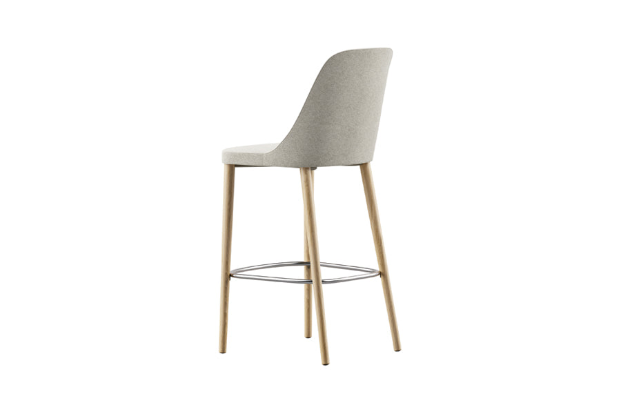 Rhone Dowel Wood Legs Stool by Kollektiff, showing back angle view of rhone dowel wood legs stool in bar/clear ash wood/com/col group.