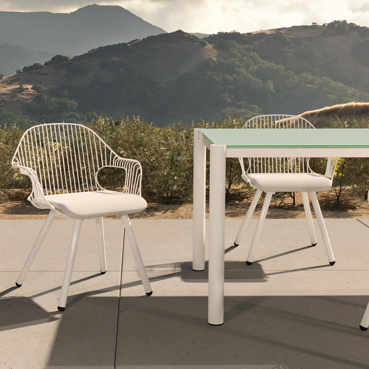 Rita Arm Chair by Bend, showing rita arm chairs with table in live shot.