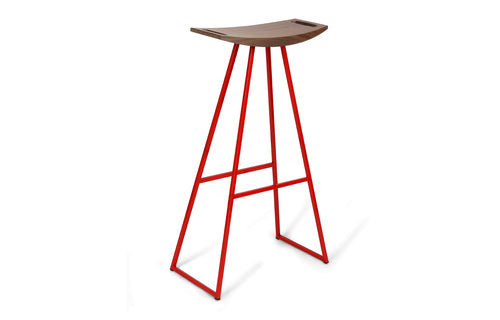 Roberts Bar Stool by Tronk Design - Walnut Wood, Red Powder Coated Steel.