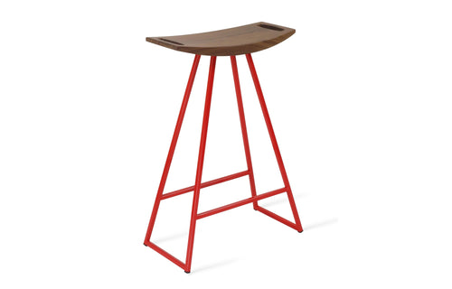 Roberts Counter Stool by Tronk Design - Walnut Wood, Red Powder Coated Steel.