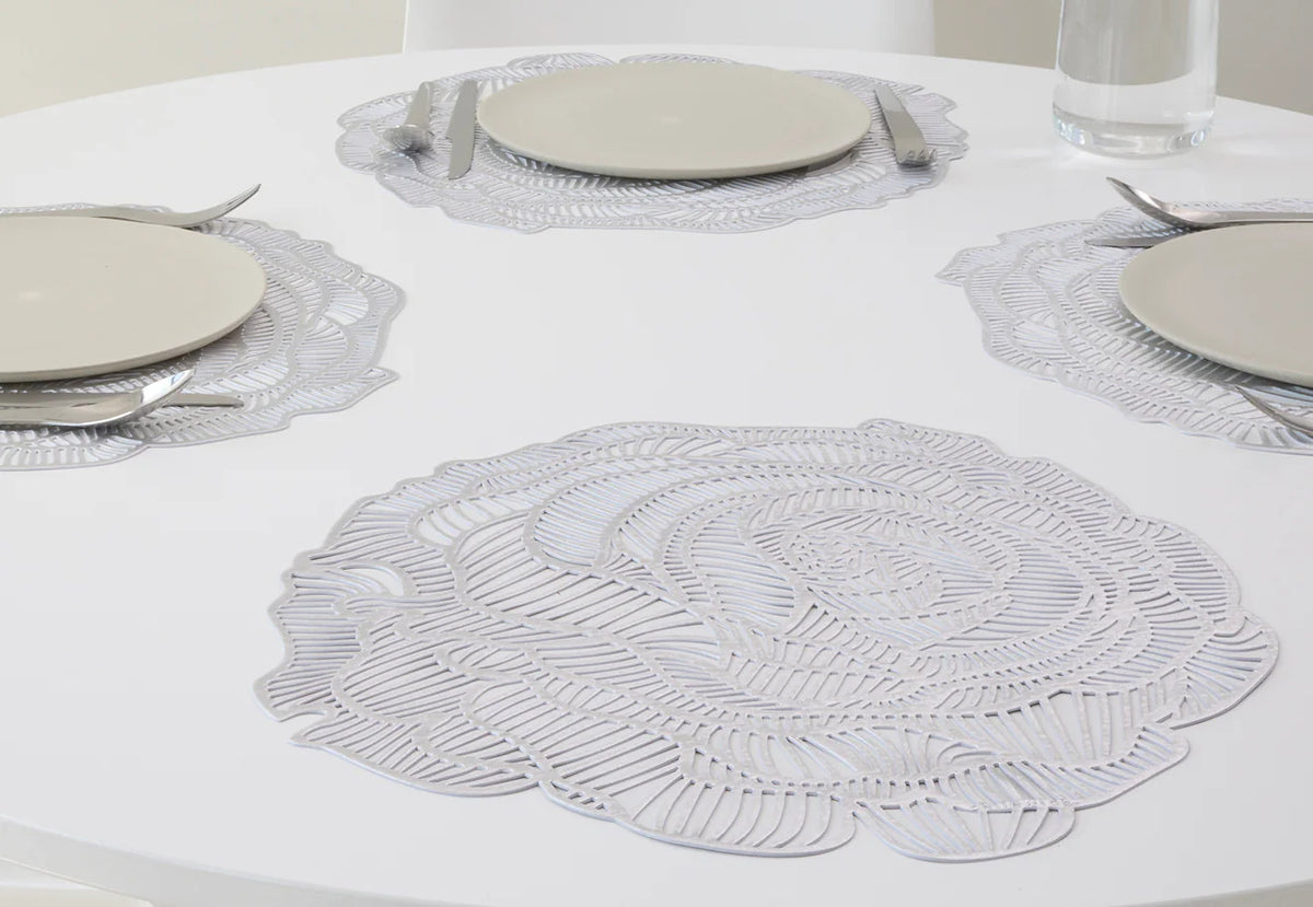 Rose Placemat by Chilewich, showing rose placemats in live shot.
