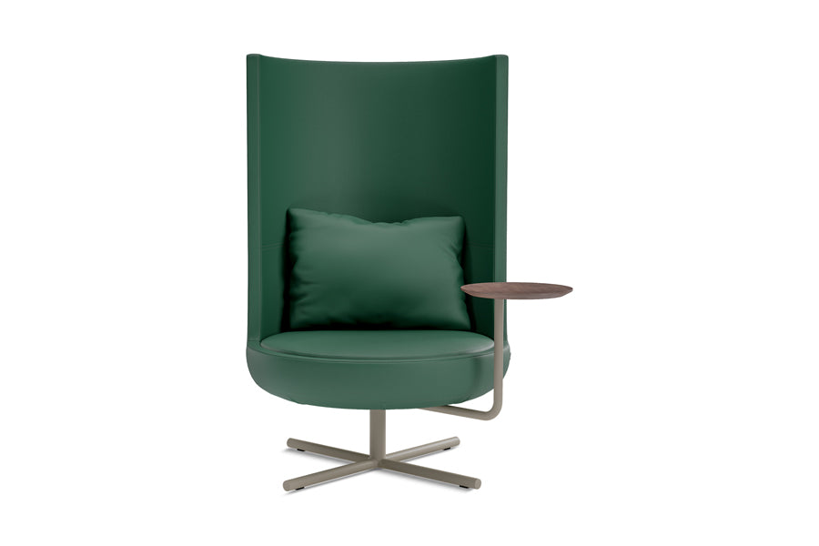 Round Private Swivel Lounge Chair by B&T, showing front view of round private swivel lounge chair in com/col group/metal group & veneer group/chair with veneer tablet arm.