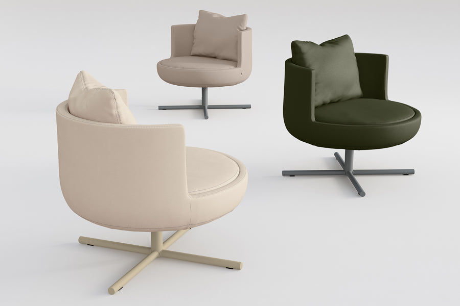 Round Swivel Metal Lounge Chair by B&T, showing round swivel metal lounge chairs in live shot.