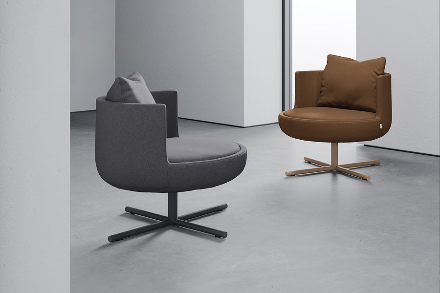 Round Swivel Metal Lounge Chair by B&T, showing round swivel metal lounge chairs in live shot.