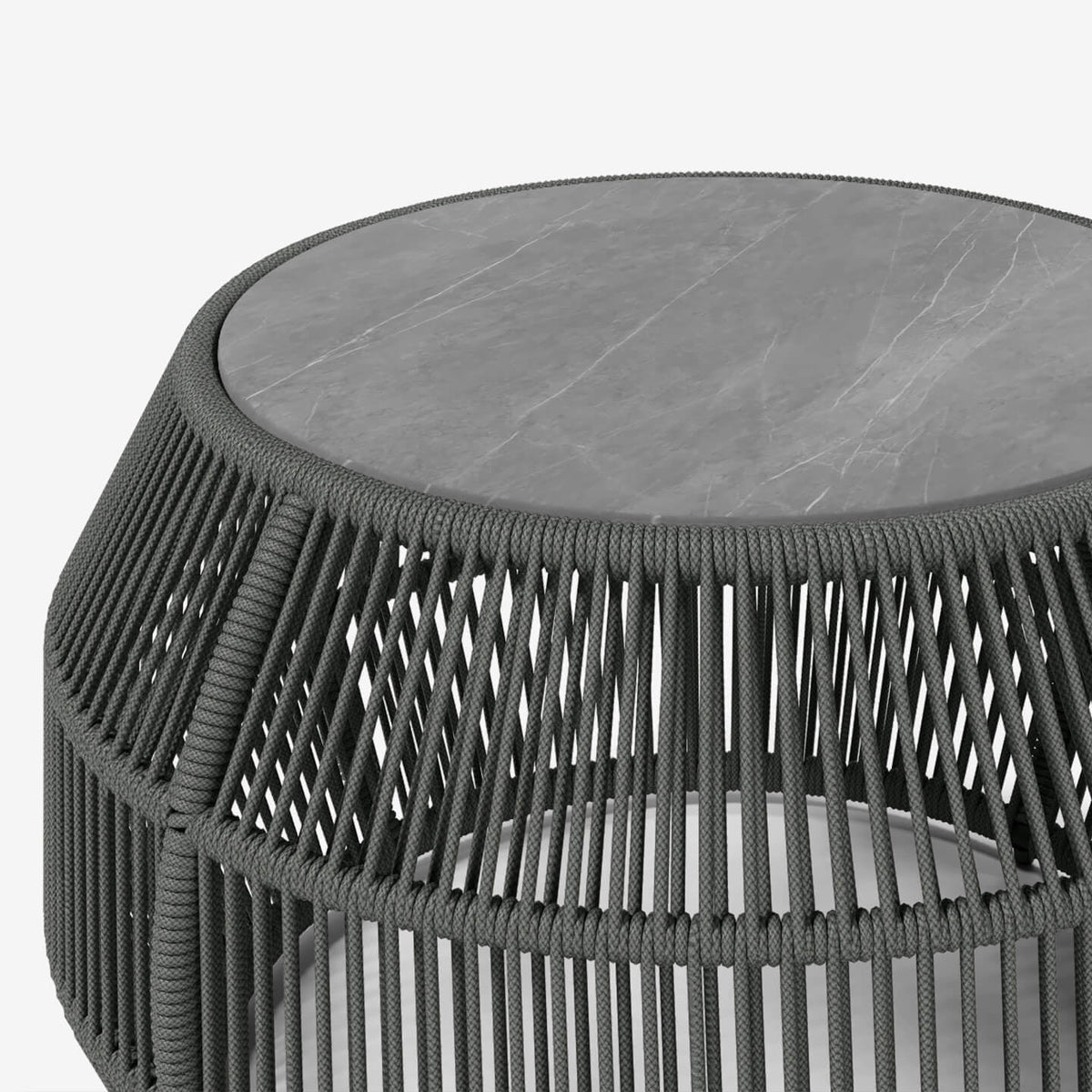 Rovel Outdoor Cocktail Table by Viesso, showing closeup view of  rovel outdoor cocktail table in charcoal rope.