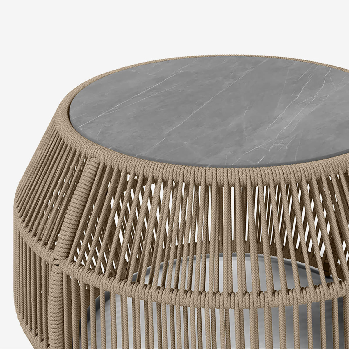 Rovel Outdoor Cocktail Table by Viesso, showing closeup view of  rovel outdoor cocktail table in sand rope.